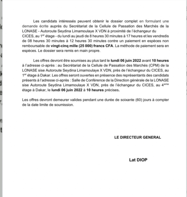 LONASE. AVIS de demande et de renseignement des prix à compétition ouverte F DMG 023/22