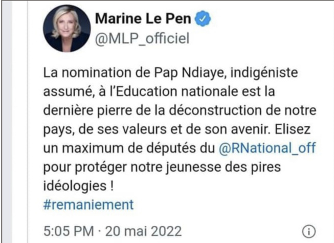 Après la nomination de Pap Ndiaye comme ministre de l'Education : Les réactions xénophobes de Zemmour et Marine Le Pen Après la nomination de Pap Ndiaye comme ministre de l'Education : Les réactions xénophobes de Zemmour et Marine Le Pen