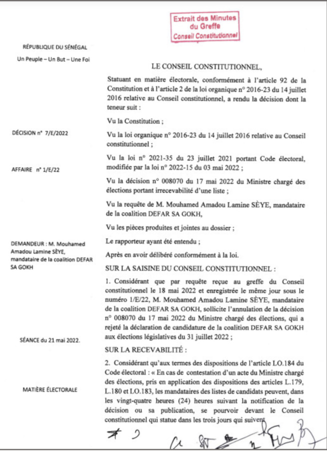 Décision n°7 : Le Conseil Constitutionnel rejette le recours de DEFAR SA GOKH (Document) Décision n°7 : Le Conseil Constitutionnel rejette le recours de DEFAR SA GOKH (Document)