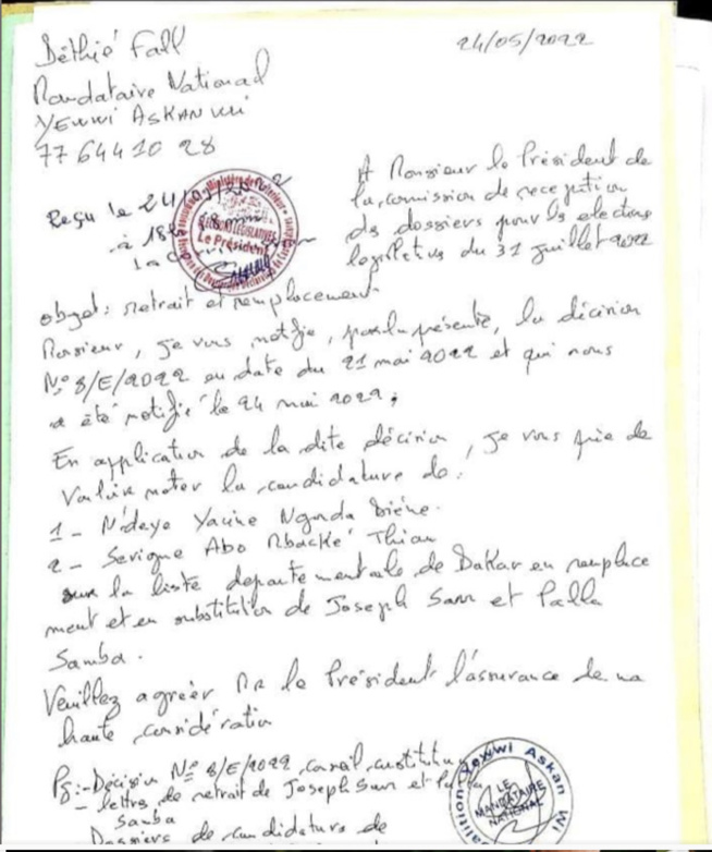 Direction Générale des Élections : Déthié Fall a remis la nouvelle liste de Yaw-Dakar après les changements