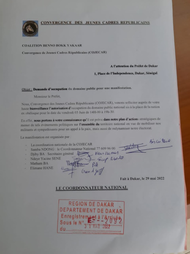 Manifestation populaire du 3 juin 2022 : la COJECAR répond à YAW par une autorisation d'occupation Manifestation populaire du 3 juin 2022 : la COJECAR répond à YAW par une autorisation d'occupation