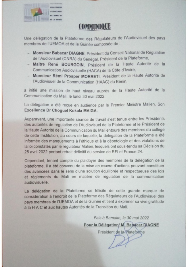 Une délégation de la Plateforme des régulateurs de l’audiovisuel des pays membres de l’UEMOA et de la Guinée, reçue en audience par le Premier ministre malien Une délégation de la Plateforme des régulateurs de l’audiovisuel des pays membres de l’UEMOA et de la Guinée, reçue en audience par le Premier ministre malien