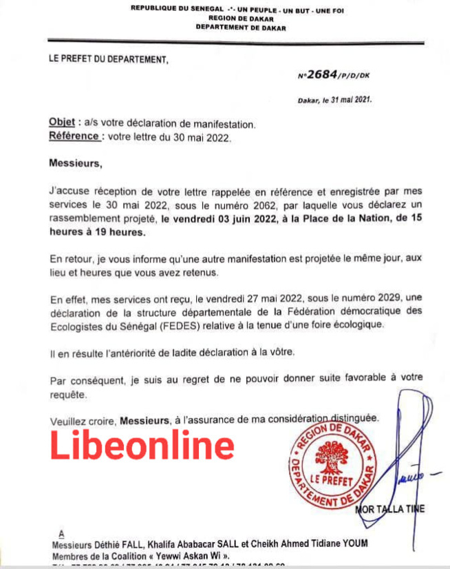 MANIFESTATION DE YAW REFUSÉE Ce que le préfet a écrit à Déthié Fall MANIFESTATION DE YAW REFUSÉE Ce que le préfet a écrit à Déthié Fall
