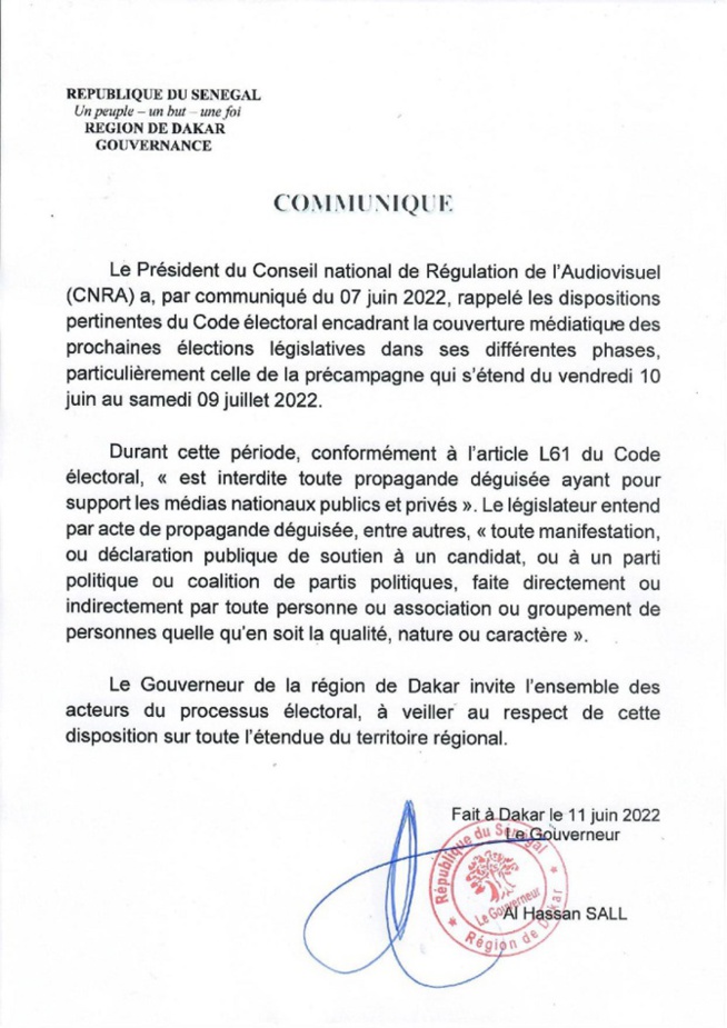 La Précampagne entamée hier et ce, jusqu’au samedi 9 juillet 2022, à minuit : Le rappel du gouverneur de Dakar aux acteurs politiques et médias