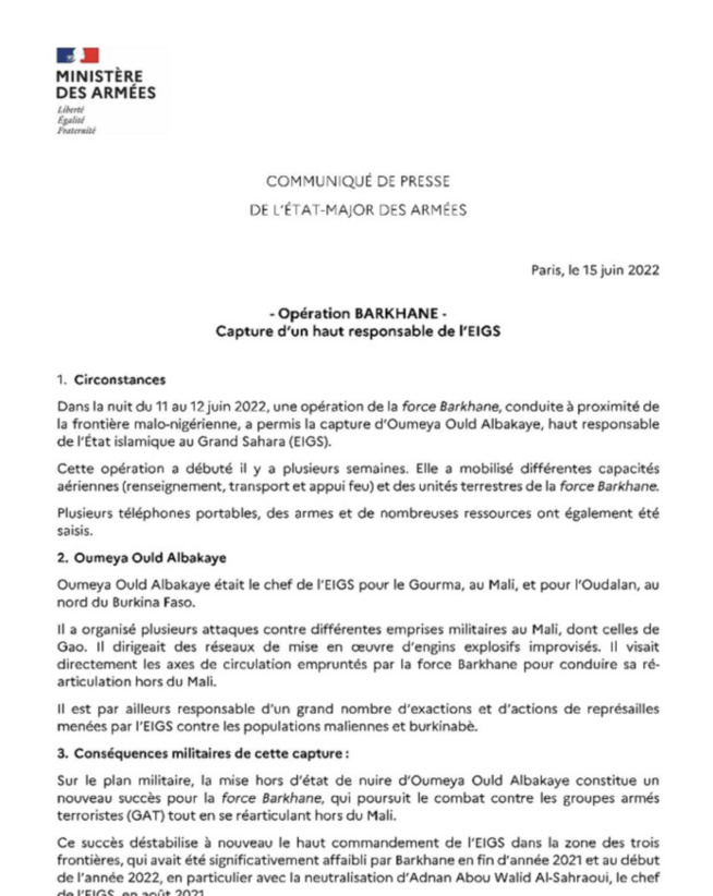 Joli coup de filet pour l’Opération Barkhane : Oumeya ould Albakaye, un haut responsable du Groupe EIGS arrêté Joli coup de filet pour l’Opération Barkhane : Oumeya ould Albakaye, un haut responsable du Groupe EIGS arrêté