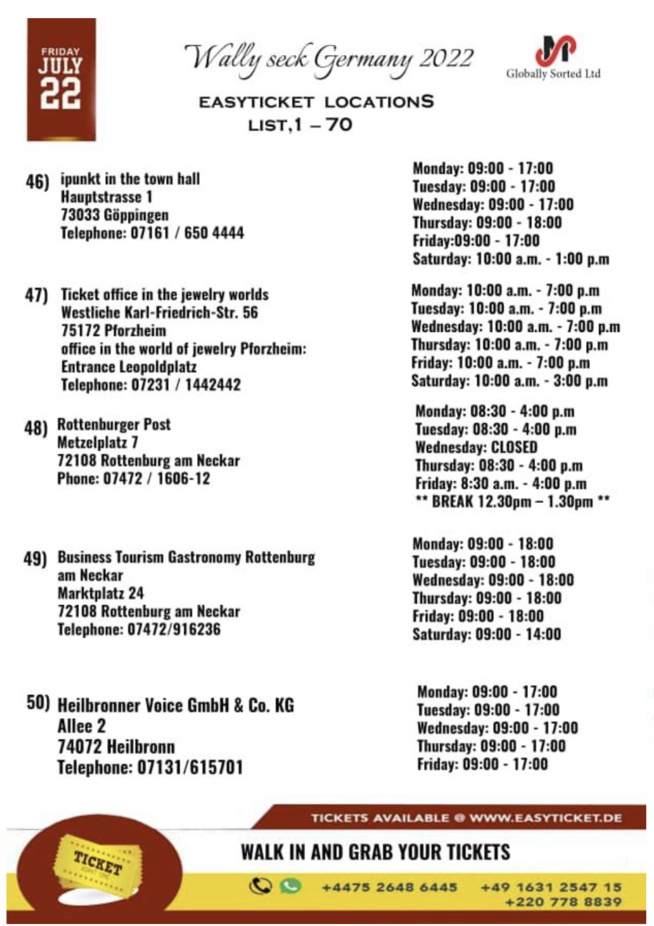 Wally Seck à Stuttgart ce 22 juillet au PORCHE ARENA . Voici les points de ventes des tickets pensez déjà à acheter vos billets