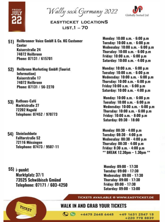 Wally Seck à Stuttgart ce 22 juillet au PORCHE ARENA . Voici les points de ventes des tickets pensez déjà à acheter vos billets