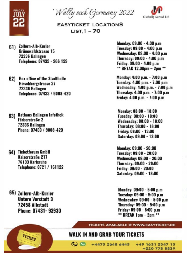 Wally Seck à Stuttgart ce 22 juillet au PORCHE ARENA . Voici les points de ventes des tickets pensez déjà à acheter vos billets