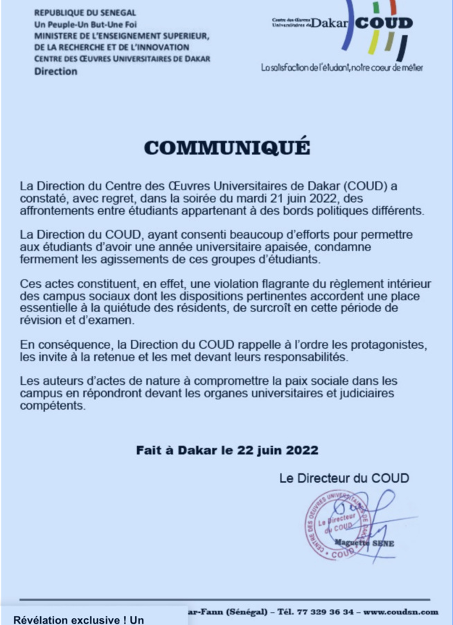 Affrontements entre étudiants : La direction du COUD brise le silence et condamne fermement les agissements de ces groupes …