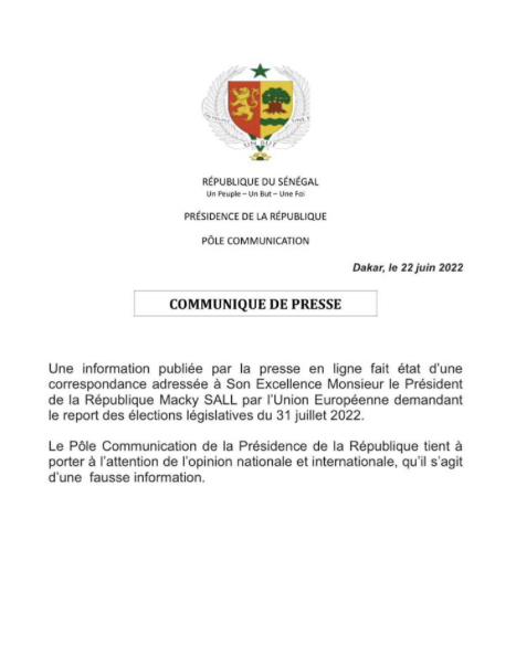 Demande de l’UE portant sur un report des Législatives : Une fake news selon le Pôle Communication de la Présidence Demande de l’UE portant sur un report des Législatives : Une fake news selon le Pôle Communication de la Présidence