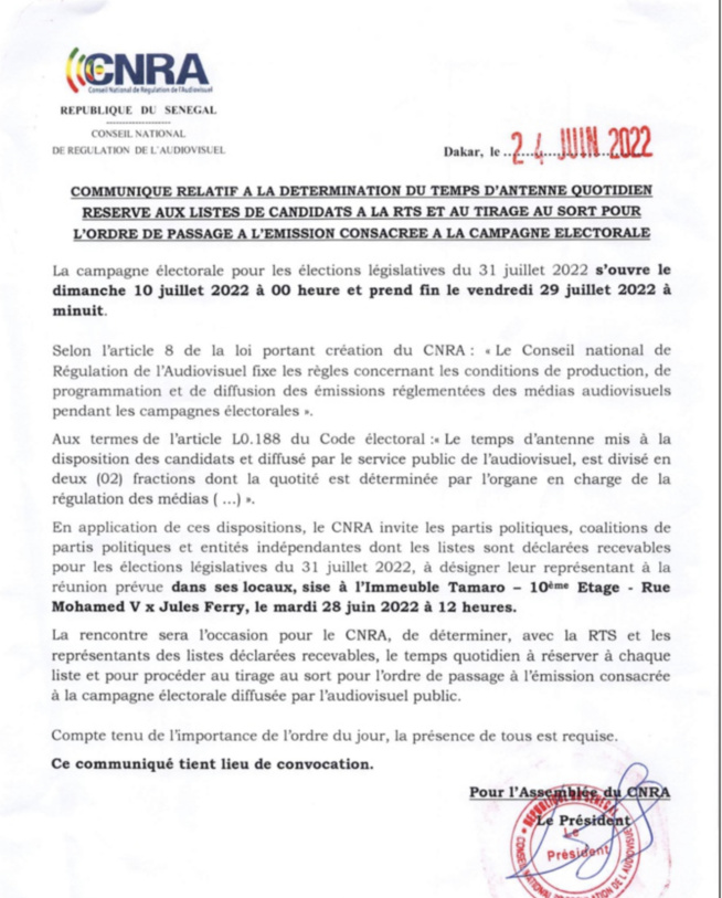 Communiqué du CNRA portant CONVOCATION des mandataires de LISTES candidates aux élections législatives du 31 juin 2022 Communiqué du CNRA portant CONVOCATION des mandataires de LISTES candidates aux élections législatives du 31 juin 2022