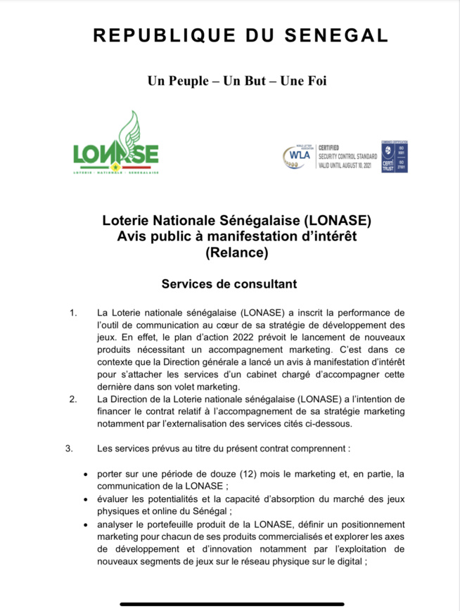 Avis d attribution de marche par la LONASE SENEGAL