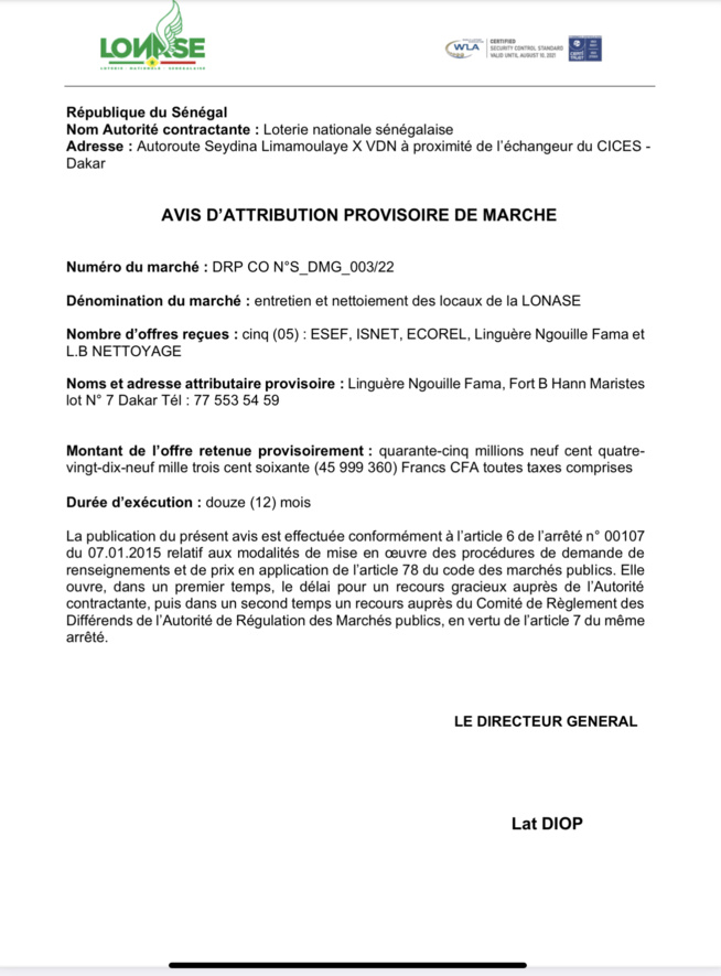 Avis d attribution de marche par la LONASE SENEGAL Avis d attribution de marche par la LONASE SENEGAL