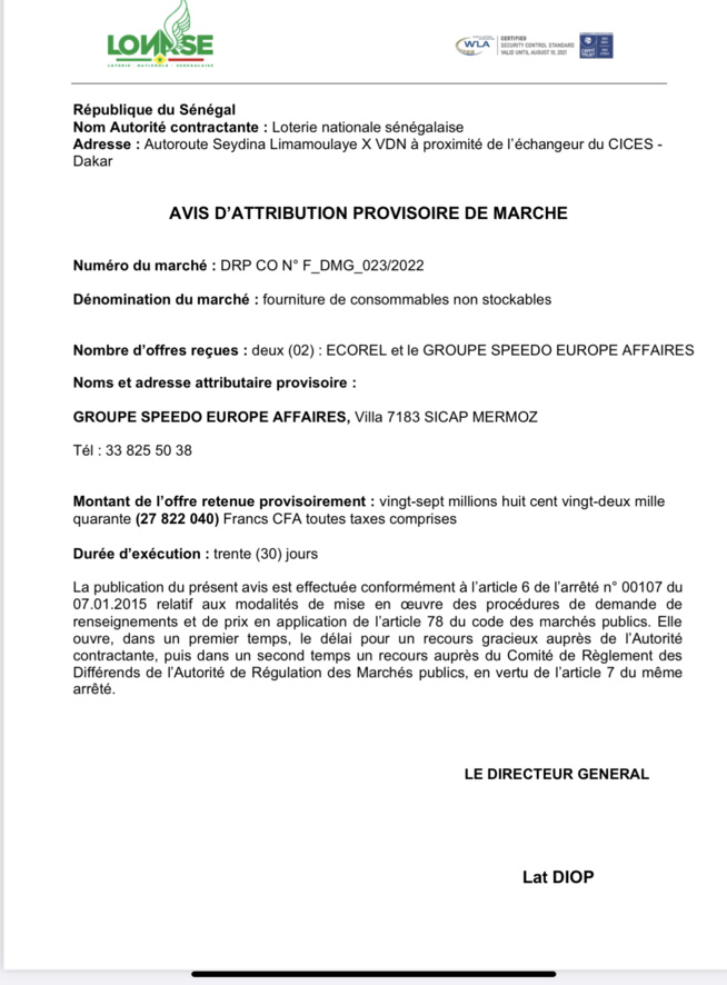 Avis d attribution de marche par la LONASE SENEGAL Avis d attribution de marche par la LONASE SENEGAL