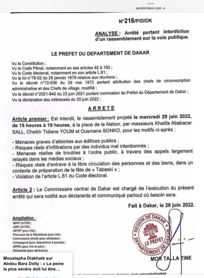 Urgent-Manifestation de Yewwi Askan Wi : La décision du préfet est tombée