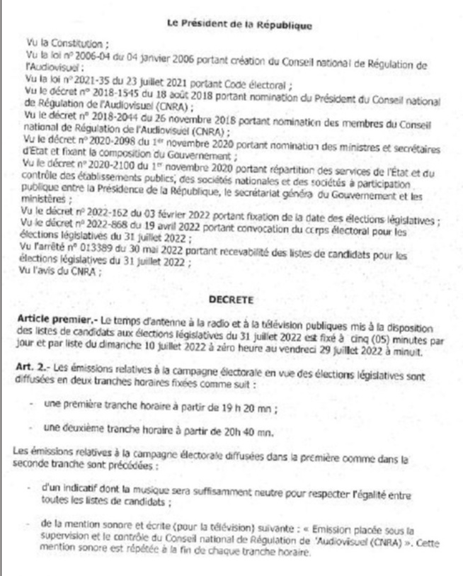 Elections législatives de 31 juillet 2022 : Le Décret portant sur le temps d'antenne imparti aux candidats