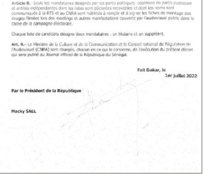 Elections législatives de 31 juillet 2022 : Le Décret portant sur le temps d'antenne imparti aux candidats