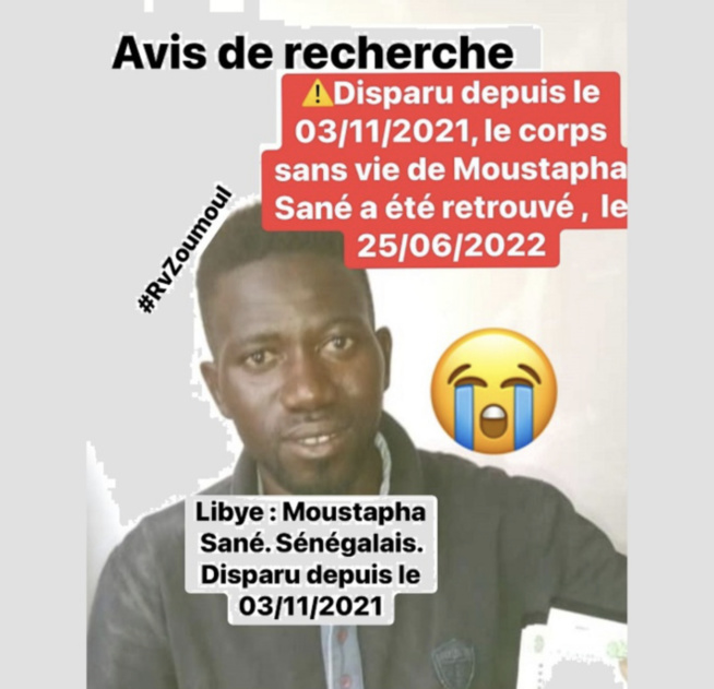 Libye : disparu depuis le 03/11/2021, le corps sans vie de Moustapha Sané a été retrouvé la semaine dernière, sur une plage Libye : disparu depuis le 03/11/2021, le corps sans vie de Moustapha Sané a été retrouvé la semaine dernière, sur une plage