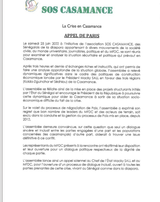 Crise en Casamance : L’appel de Paris de l’Association SOS Casamance Crise en Casamance : L’appel de Paris de l’Association SOS Casamance