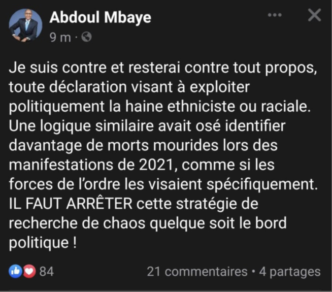 Propos ethnicistes de Sonko: Abdoul Mbaye avertit sur cette stratégie du chaos et rappelle les 14 morts où... Propos ethnicistes de Sonko: Abdoul Mbaye avertit sur cette stratégie du chaos et rappelle les 14 morts où...