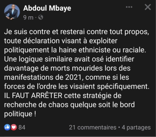 Propos ethnicistes de Sonko: Abdoul Mbaye avertit sur cette stratégie du chaos et rappelle les 14 morts où...