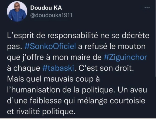 Ziguinchor: Pour sa première Tabaski, le maire Ousmane Sonko refuse le mouton offert par Doudou Kâ Ziguinchor: Pour sa première Tabaski, le maire Ousmane Sonko refuse le mouton offert par Doudou Kâ