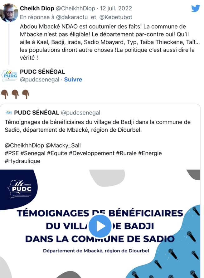 Le « Mbacké rural » est bien bénéficiaire du PUDC : Cheikh Diop répond à Serigne Bara Doly et Abdou Mbacké Ndao Le « Mbacké rural » est bien bénéficiaire du PUDC : Cheikh Diop répond à Serigne Bara Doly et Abdou Mbacké Ndao