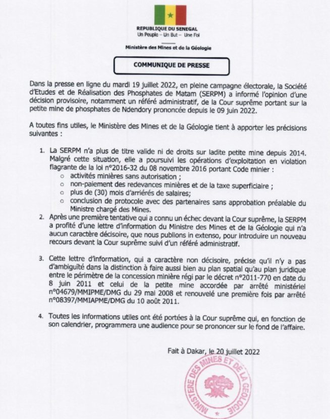 Phosphates de Matam : le Ministère des Mines et de la Géologie apporte des précisions sur...