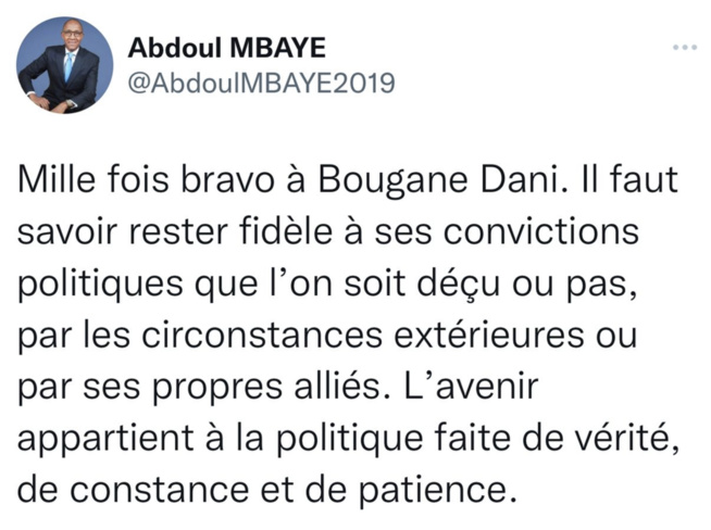 Engagement et détermination d’un homme fidèle à ses convictions : Abdoul Mbaye tresse des lauriers à Bougane Guèye Dany Engagement et détermination d’un homme fidèle à ses convictions : Abdoul Mbaye tresse des lauriers à Bougane Guèye Dany