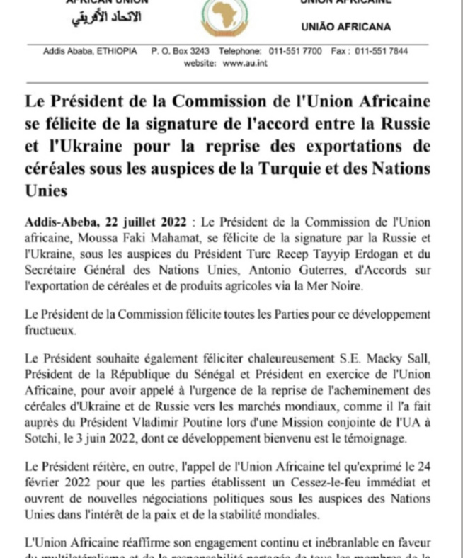 Céréales, vers un ouf de soulagement : l’UA magnifie la signature de convention entre la Russie et l’Ukraine grâce à Erdogan et l’ONU Céréales, vers un ouf de soulagement : l’UA magnifie la signature de convention entre la Russie et l’Ukraine grâce à Erdogan et l’ONU
