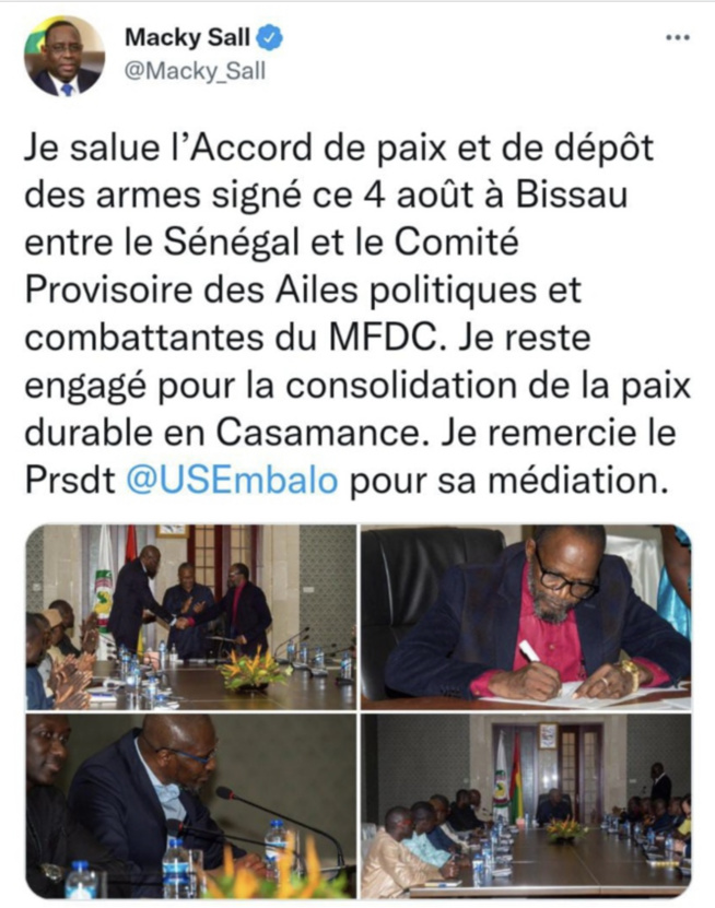 Sénégal / Ailes politiques et combattantes du MFDC: Accord de paix et dépôt des armes ce 04 Août à Bissau Sénégal / Ailes politiques et combattantes du MFDC: Accord de paix et dépôt des armes ce 04 Août à Bissau