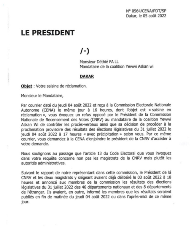 Législatives / Saisine en réclamation: La CENA répond au mandataire de YAW (Document) Législatives / Saisine en réclamation: La CENA répond au mandataire de YAW (Document)