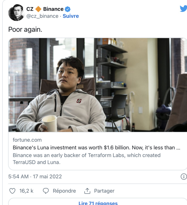 Le fondateur milliardaire de Binance dit qu’il est à nouveau pauvre à cause du krach des cryptos