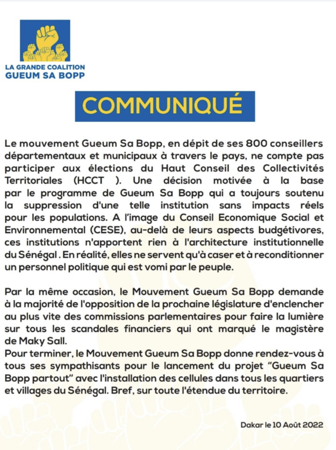 ​Gueum Sa Bopp crache sur le HCCT et demande aussi la suppression du CESE