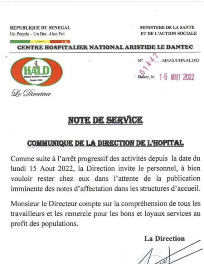 Hôpital Le Dantec: La Direction invite le personnel à rester chez eux en attendant les notes d'affectation (Document) Hôpital Le Dantec: La Direction invite le personnel à rester chez eux en attendant les notes d'affectation (Document)