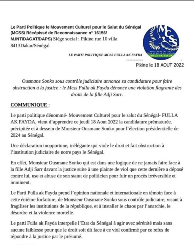 Candidature de Sonko pour 2024: Le MCSS/Fulla ak Fayda dénonce une violation flagrante des droits de Adfji Sarr Candidature de Sonko pour 2024: Le MCSS/Fulla ak Fayda dénonce une violation flagrante des droits de Adfji Sarr