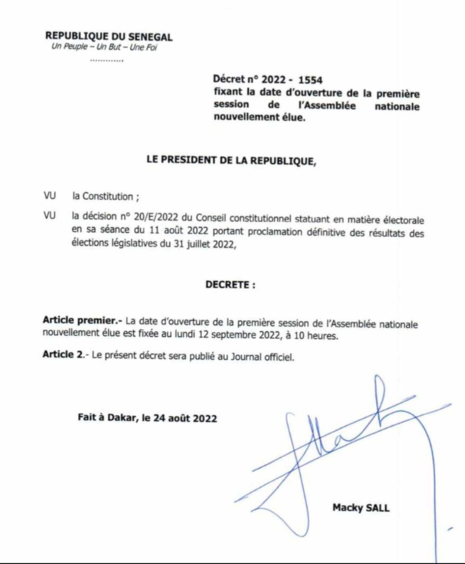 Assemblée nationale / Décret présidentiel : La nouvelle législature installée ce 12 septembre 2022 (Document)