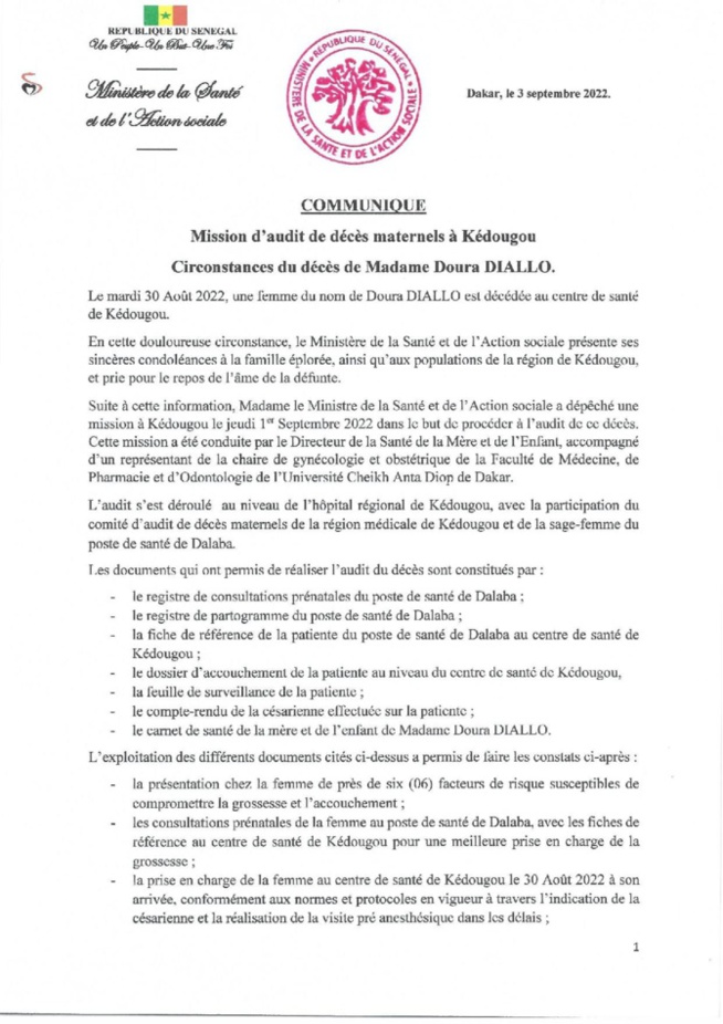 Décès de Mme Doura Diallo en salle d’accouchement : audit et version du ministère de la Santé Décès de Mme Doura Diallo en salle d’accouchement : audit et version du ministère de la Santé