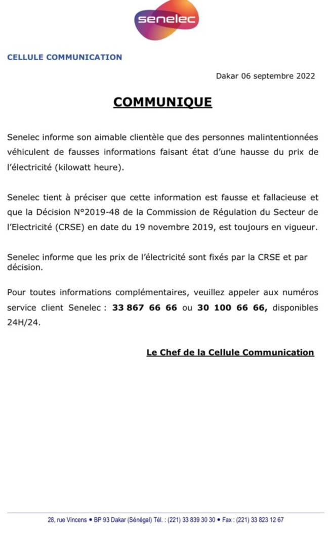 Hausse du prix de l'électricité: La SENELEC apporte des précisions (document) Hausse du prix de l'électricité: La SENELEC apporte des précisions (document)
