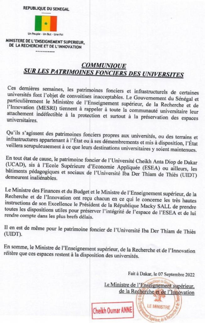 Présumé bradage du Foncier universitaire : l’Etat réitère son attachement à la préservation des espaces et demande des comptes Présumé bradage du Foncier universitaire : l’Etat réitère son attachement à la préservation des espaces et demande des comptes