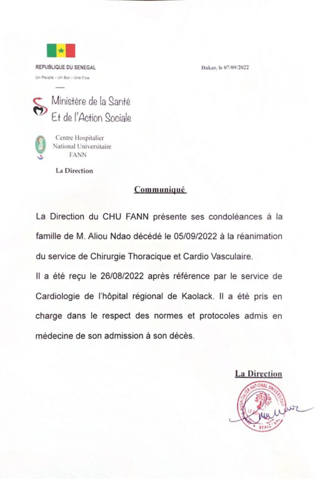 Décès de Imam Alioune Badara Ndao: Comment le CHU de Fann a réagi Décès de Imam Alioune Badara Ndao: Comment le CHU de Fann a réagi