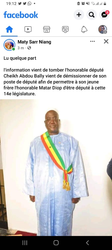 Assemblée nationale: Cheikh Abdou Bally démissionne et donne son poste de député à son jeune frère Assemblée nationale: Cheikh Abdou Bally démissionne et donne son poste de député à son jeune frère