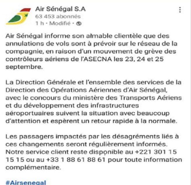 Grève de trois jours des contrôleurs aériens de l’Asecna : Air Sénégal prévoit l'annulation des vols Grève de trois jours des contrôleurs aériens de l’Asecna : Air Sénégal prévoit l'annulation des vols