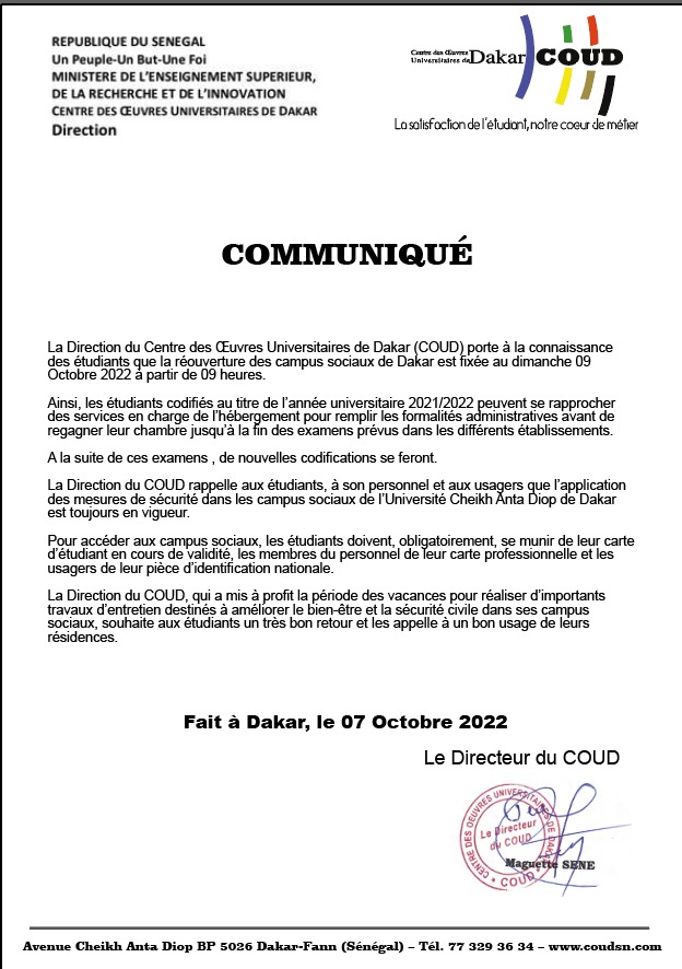 Ucad: La réouverture des campus sociaux prévue ce dimanche 9 octobre 2022 Ucad: La réouverture des campus sociaux prévue ce dimanche 9 octobre 2022