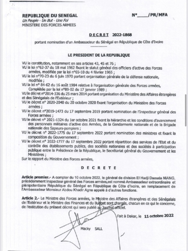 Nouvelles nominations : le général de division, Daouda Niang nouvel ambassadeur extraordinaire et plénipotentiaire du Sénégal en Cote D’ivoire Nouvelles nominations : le général de division, Daouda Niang nouvel ambassadeur extraordinaire et plénipotentiaire du Sénégal en Cote D’ivoire