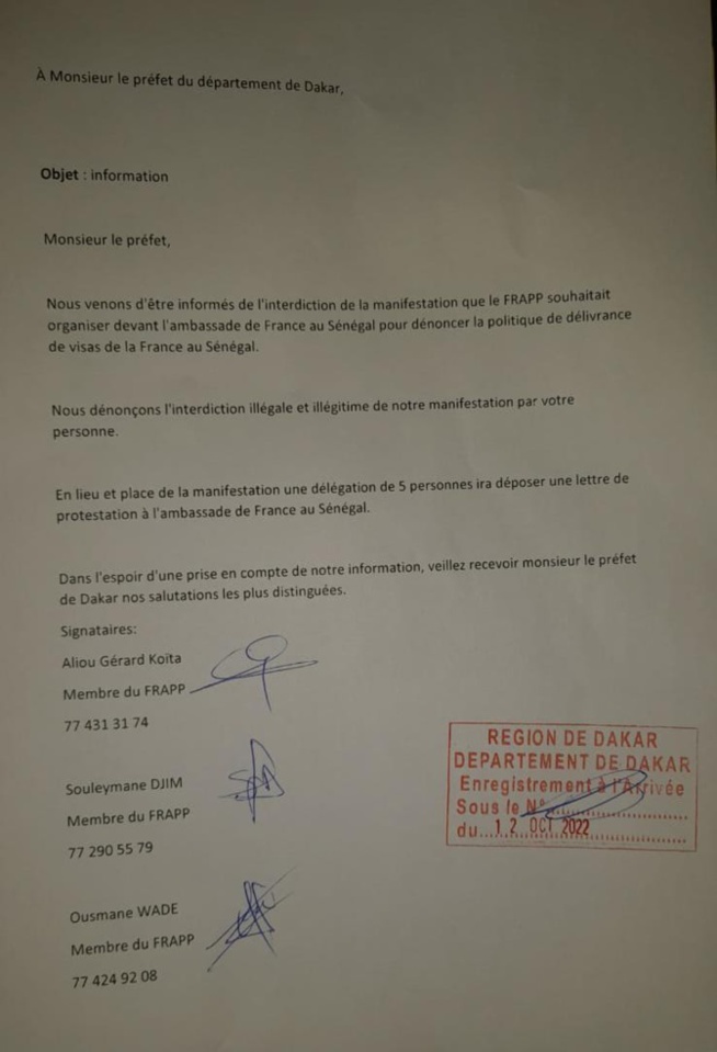 Mafia des visas: Le Préfet de Dakar interdit la manif devant l'Ambassade de France, ce que compte faire le Frapp Mafia des visas: Le Préfet de Dakar interdit la manif devant l'Ambassade de France, ce que compte faire le Frapp