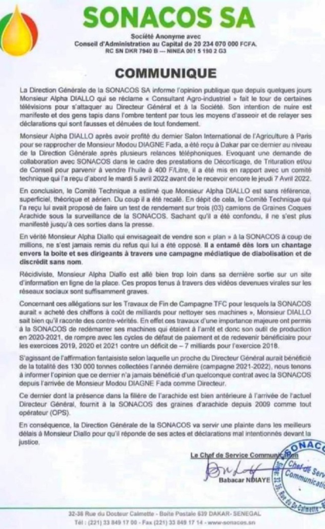 Sorties récurrentes d'Alpha Diallo ternissant son image : La Sonacos dément formellement et annonce une plainte Sorties récurrentes d'Alpha Diallo ternissant son image : La Sonacos dément formellement et annonce une plainte