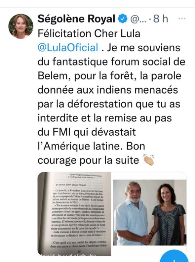 Lula réélu président du Brésil : les félicitations de Ségolène Royal qui lui rappelle son noble combat pour les indiens Lula réélu président du Brésil : les félicitations de Ségolène Royal qui lui rappelle son noble combat pour les indiens