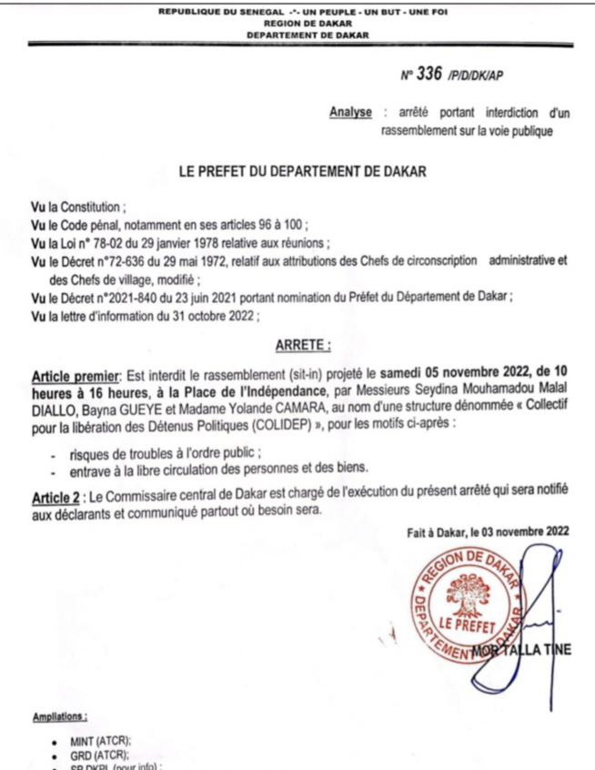 Marche pour la libération des "détenus politiques" ce samedi : Le Préfet de Dakar dit niet, pour "troubles à l'ordre public" Marche pour la libération des "détenus politiques" ce samedi : Le Préfet de Dakar dit niet, pour "troubles à l'ordre public"