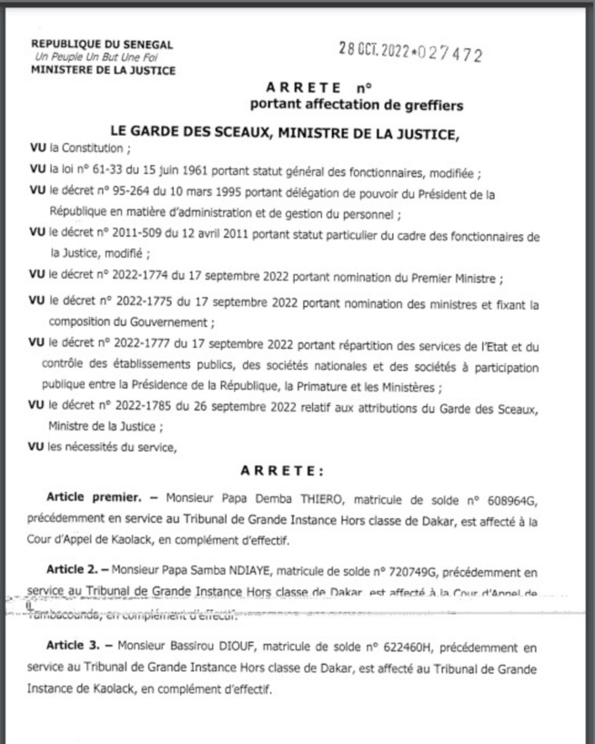 Affaire Adji Sarr - Ousmane Sonko : Pourquoi le greffier du Doyen des juges, a été affecté à Kaolack (Document) Affaire Adji Sarr - Ousmane Sonko : Pourquoi le greffier du Doyen des juges, a été affecté à Kaolack (Document)